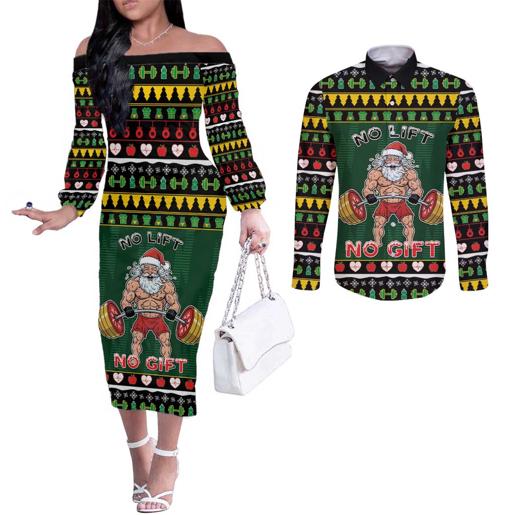 Xmas Gymer Christmas Couples Matching Off The Shoulder Long Sleeve Dress and Long Sleeve Button Shirt No Lift No Gift - Wonder Print Shop