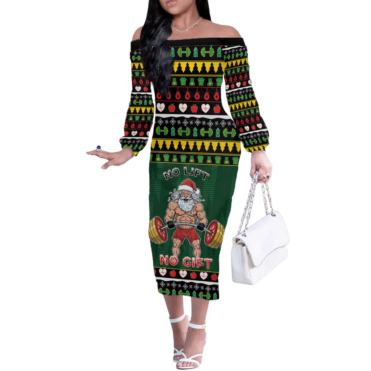 Xmas Gymer Christmas Off The Shoulder Long Sleeve Dress No Lift No Gift - Wonder Print Shop
