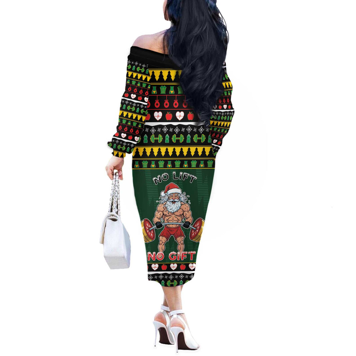 Xmas Gymer Christmas Off The Shoulder Long Sleeve Dress No Lift No Gift - Wonder Print Shop