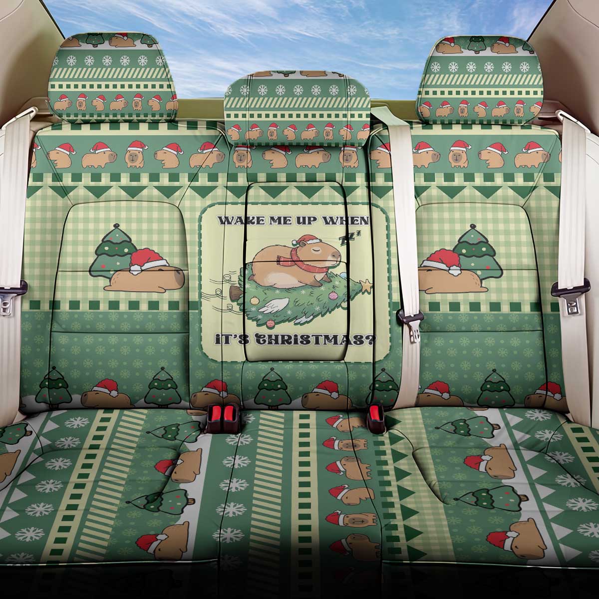Capybara Christmas Back Car Seat Cover Wake Me Up When It's Christmas - Wonder Print Shop