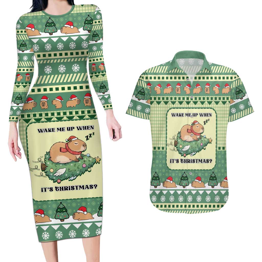 Capybara Christmas Couples Matching Long Sleeve Bodycon Dress and Hawaiian Shirt Wake Me Up When It's Christmas - Wonder Print Shop