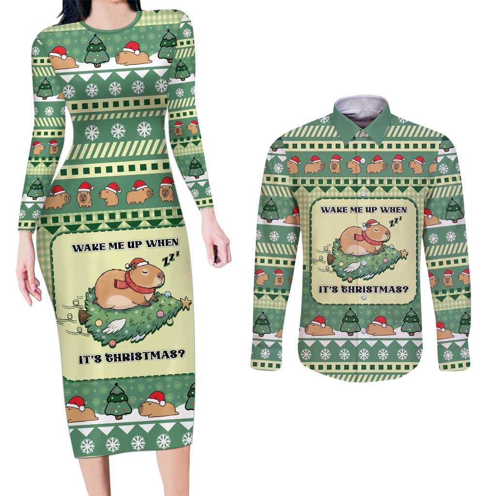 Capybara Christmas Couples Matching Long Sleeve Bodycon Dress and Long Sleeve Button Shirt Wake Me Up When It's Christmas - Wonder Print Shop