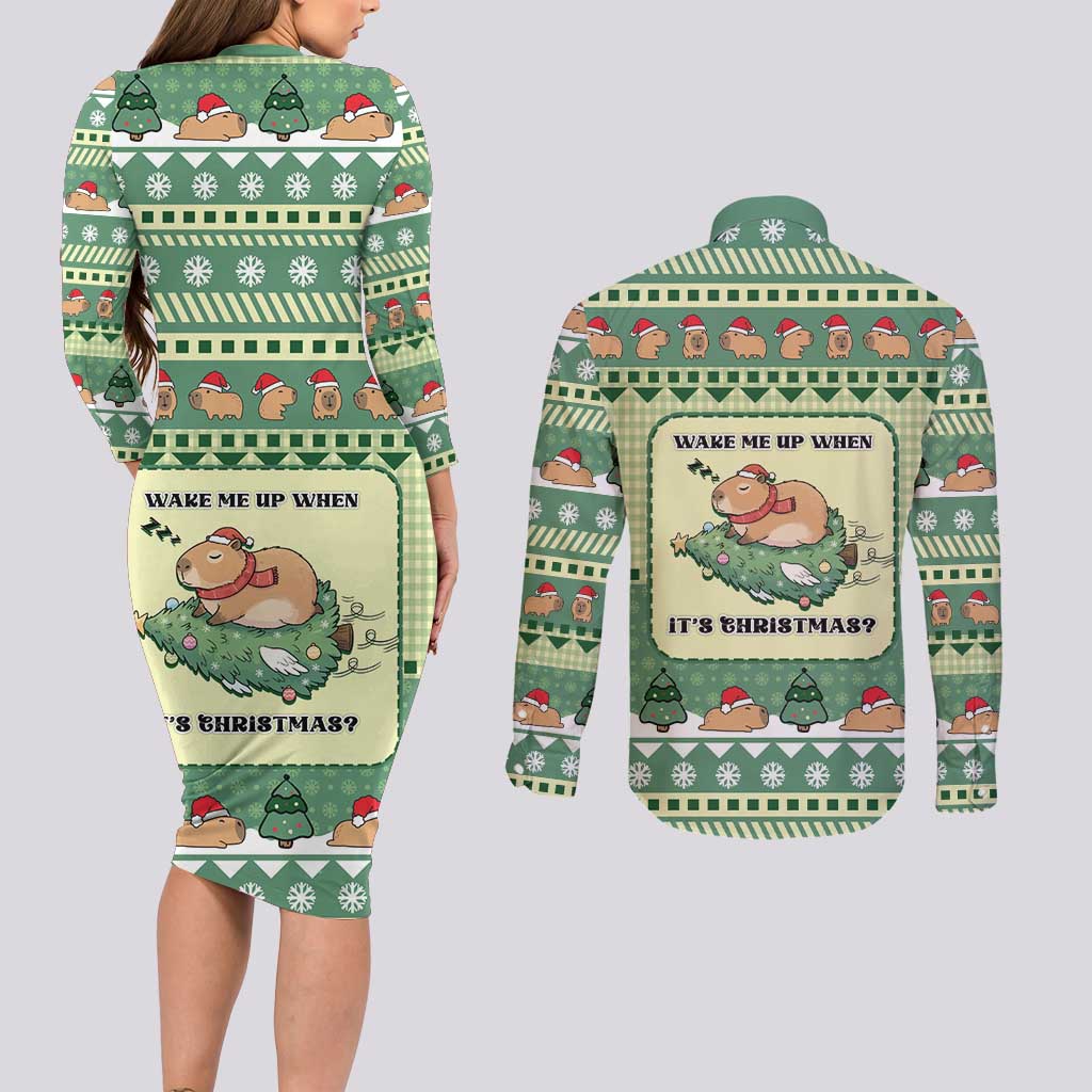 Capybara Christmas Couples Matching Long Sleeve Bodycon Dress and Long Sleeve Button Shirt Wake Me Up When It's Christmas - Wonder Print Shop