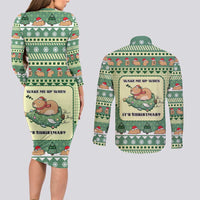 Capybara Christmas Couples Matching Long Sleeve Bodycon Dress and Long Sleeve Button Shirt Wake Me Up When It's Christmas - Wonder Print Shop