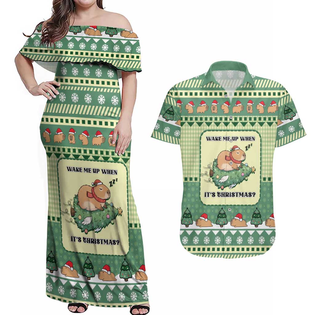 Capybara Christmas Couples Matching Off Shoulder Maxi Dress and Hawaiian Shirt Wake Me Up When It's Christmas - Wonder Print Shop