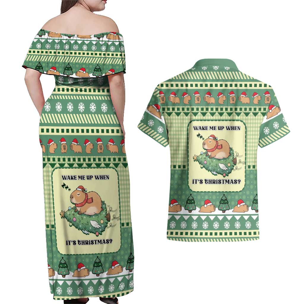 Capybara Christmas Couples Matching Off Shoulder Maxi Dress and Hawaiian Shirt Wake Me Up When It's Christmas - Wonder Print Shop