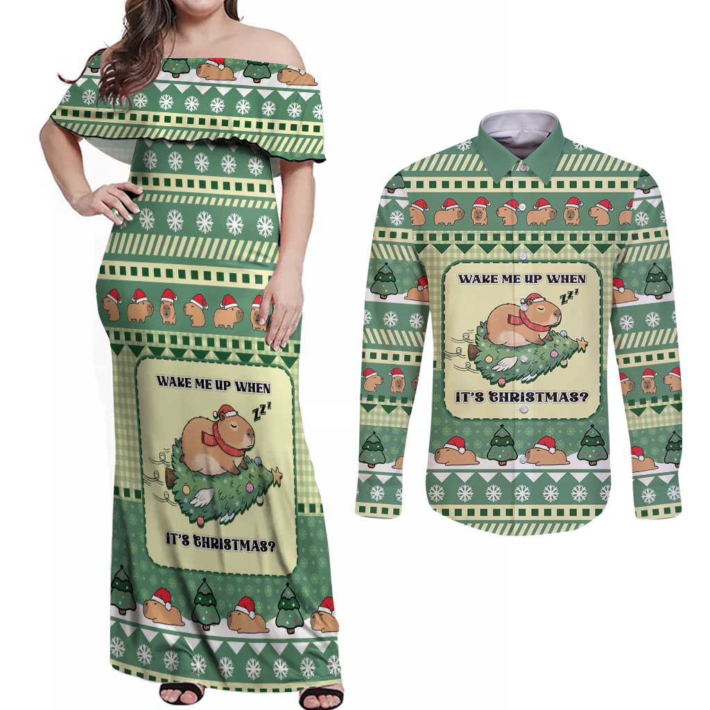 Capybara Christmas Couples Matching Off Shoulder Maxi Dress and Long Sleeve Button Shirt Wake Me Up When It's Christmas - Wonder Print Shop