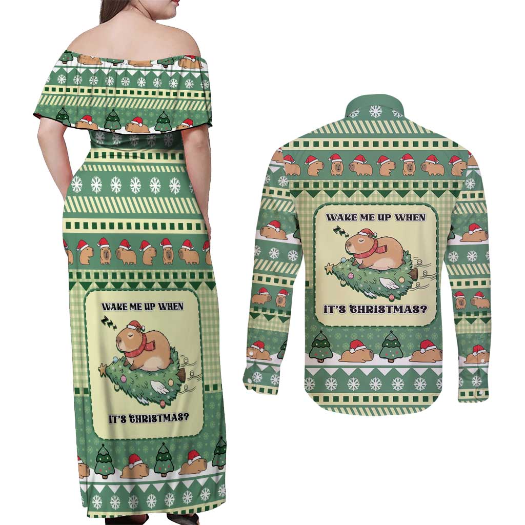 Capybara Christmas Couples Matching Off Shoulder Maxi Dress and Long Sleeve Button Shirt Wake Me Up When It's Christmas - Wonder Print Shop