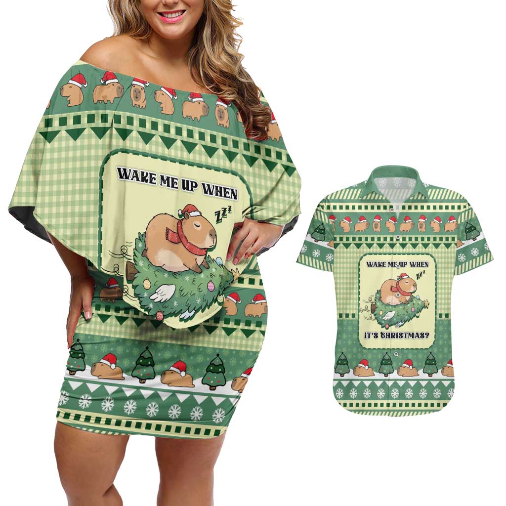 Capybara Christmas Couples Matching Off Shoulder Short Dress and Hawaiian Shirt Wake Me Up When It's Christmas - Wonder Print Shop