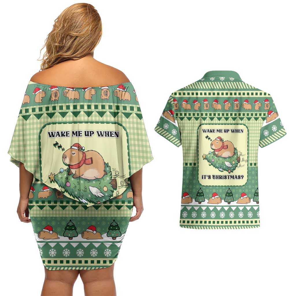 Capybara Christmas Couples Matching Off Shoulder Short Dress and Hawaiian Shirt Wake Me Up When It's Christmas - Wonder Print Shop