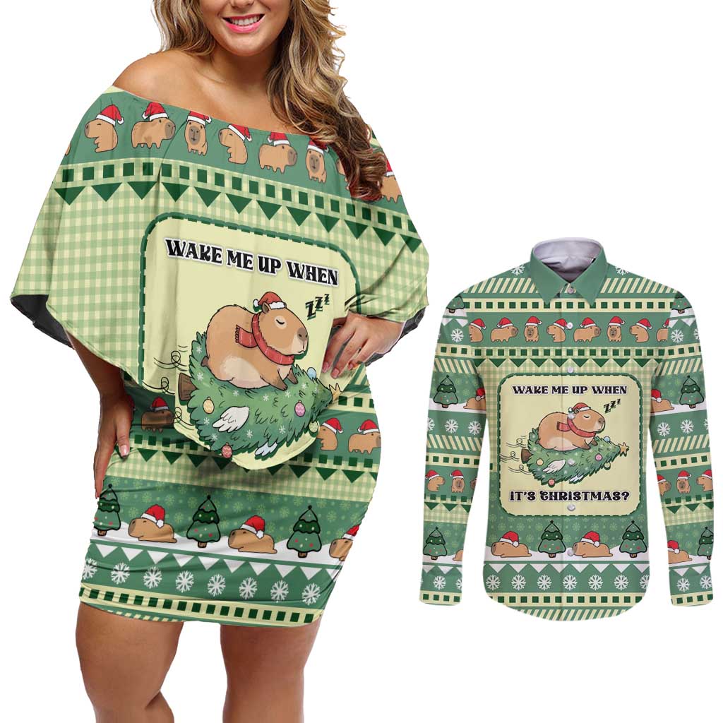 Capybara Christmas Couples Matching Off Shoulder Short Dress and Long Sleeve Button Shirt Wake Me Up When It's Christmas - Wonder Print Shop