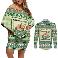 Capybara Christmas Couples Matching Off Shoulder Short Dress and Long Sleeve Button Shirt Wake Me Up When It's Christmas - Wonder Print Shop