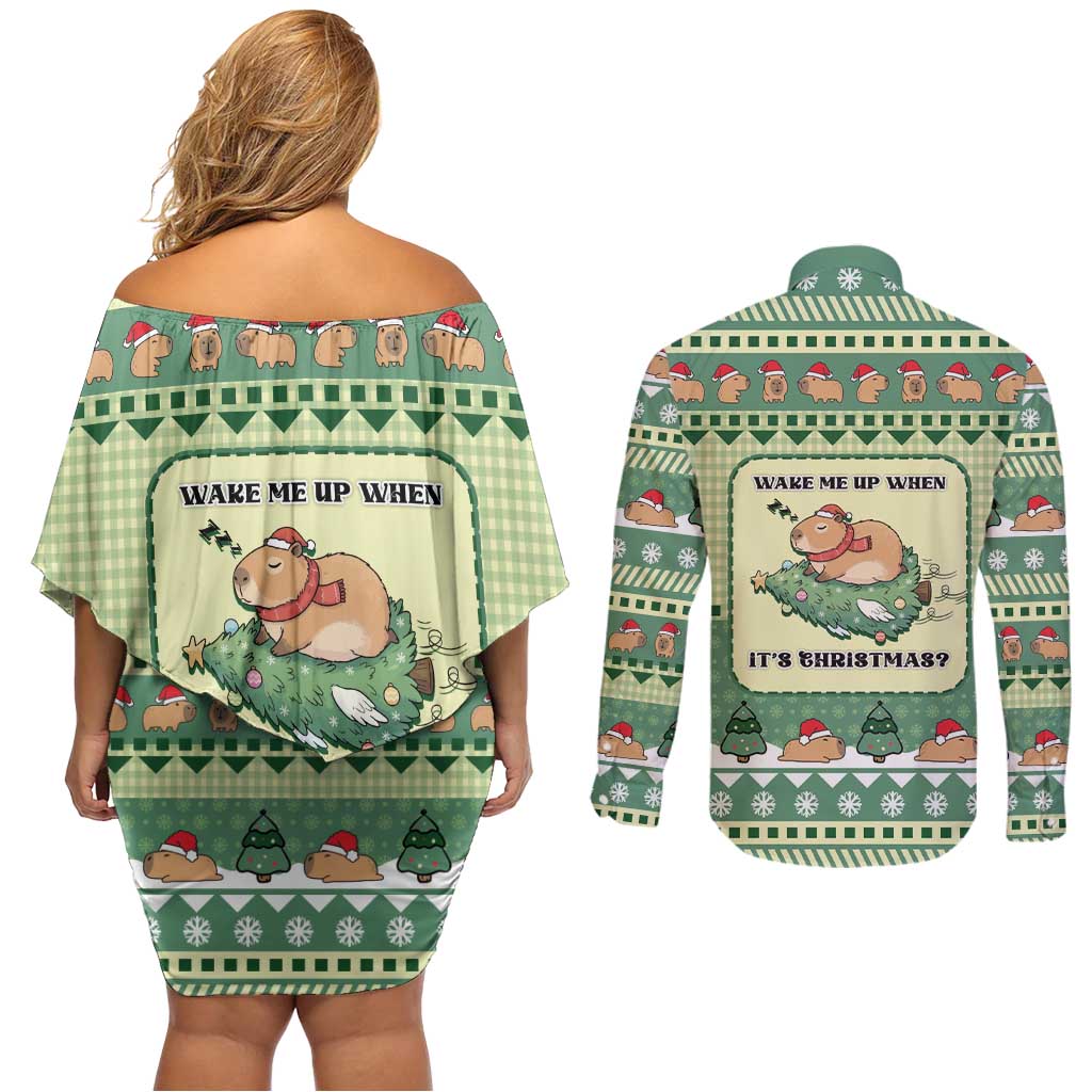 Capybara Christmas Couples Matching Off Shoulder Short Dress and Long Sleeve Button Shirt Wake Me Up When It's Christmas - Wonder Print Shop