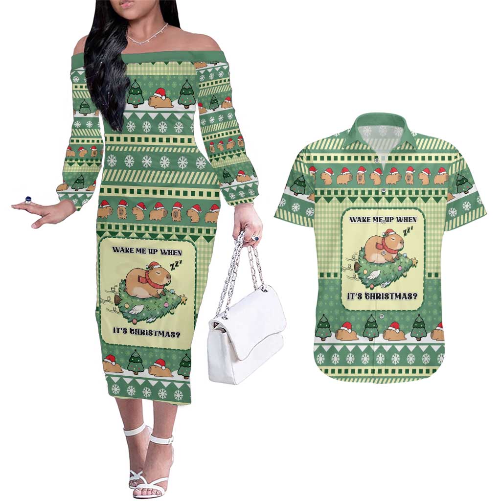 Capybara Christmas Couples Matching Off The Shoulder Long Sleeve Dress and Hawaiian Shirt Wake Me Up When It's Christmas - Wonder Print Shop