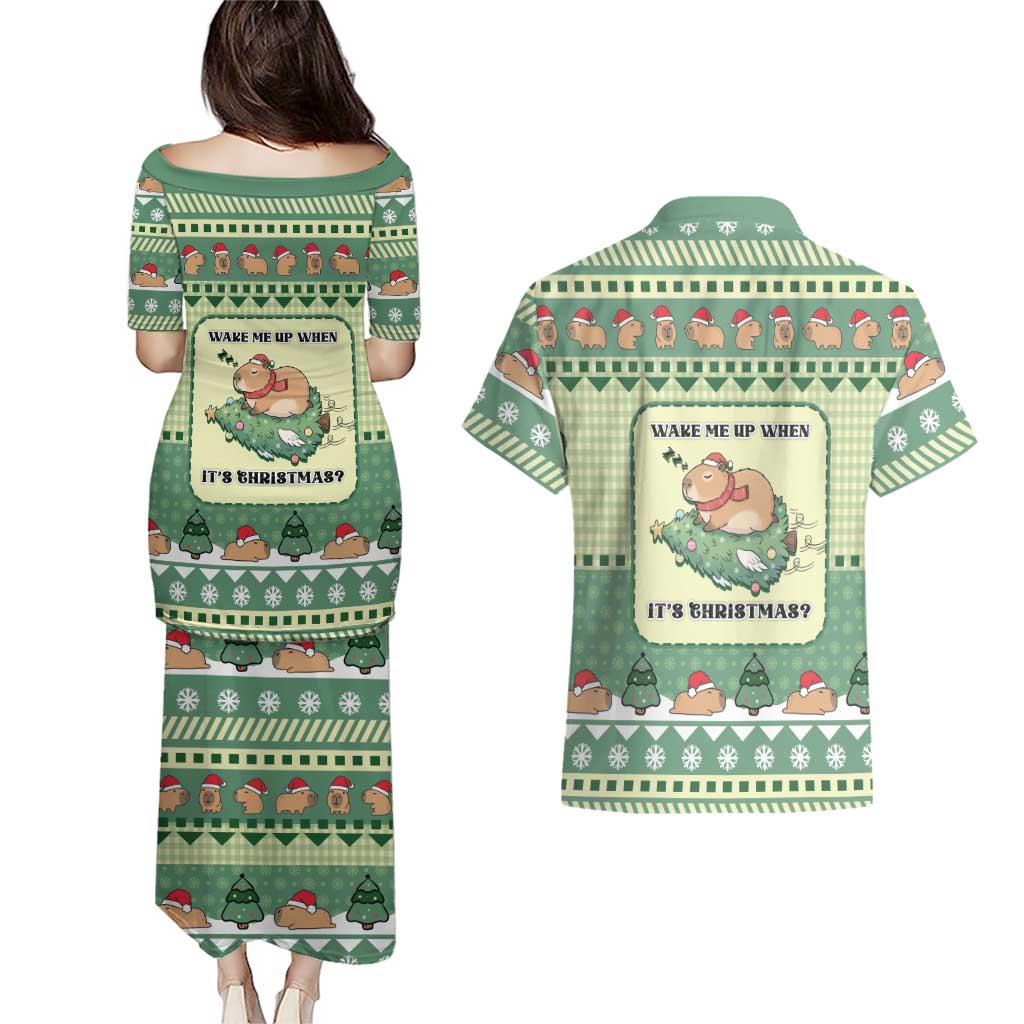 Capybara Christmas Couples Matching Puletasi and Hawaiian Shirt Wake Me Up When It's Christmas - Wonder Print Shop