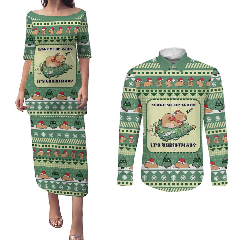 Capybara Christmas Couples Matching Puletasi and Long Sleeve Button Shirt Wake Me Up When It's Christmas - Wonder Print Shop