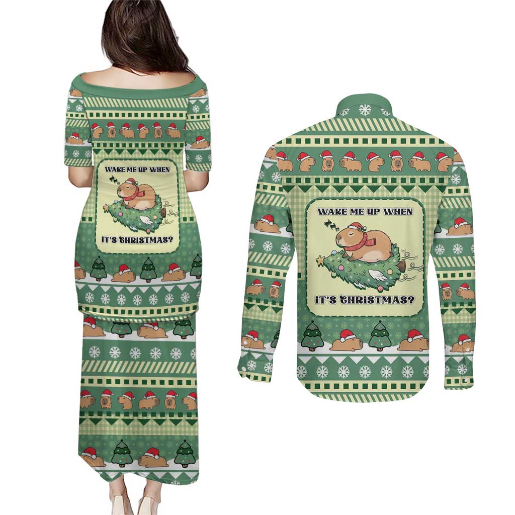 Capybara Christmas Couples Matching Puletasi and Long Sleeve Button Shirt Wake Me Up When It's Christmas - Wonder Print Shop