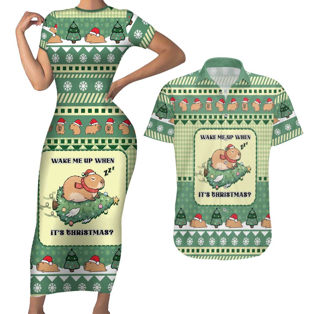 Capybara Christmas Couples Matching Short Sleeve Bodycon Dress and Hawaiian Shirt Wake Me Up When It's Christmas - Wonder Print Shop
