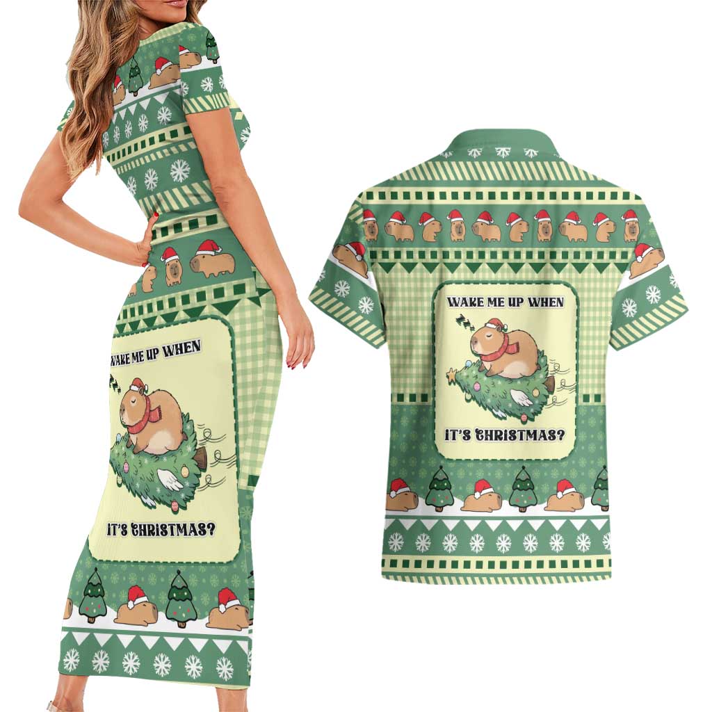 Capybara Christmas Couples Matching Short Sleeve Bodycon Dress and Hawaiian Shirt Wake Me Up When It's Christmas - Wonder Print Shop