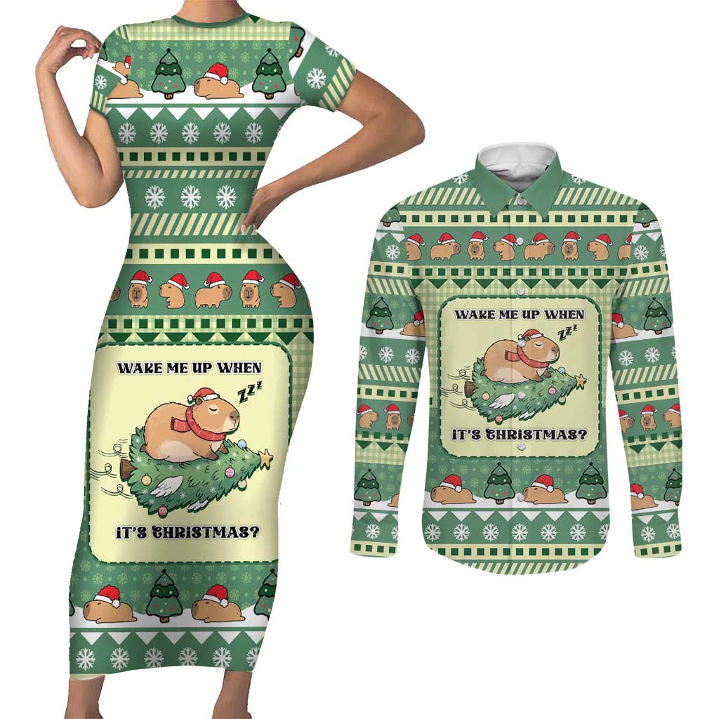 Capybara Christmas Couples Matching Short Sleeve Bodycon Dress and Long Sleeve Button Shirt Wake Me Up When It's Christmas - Wonder Print Shop
