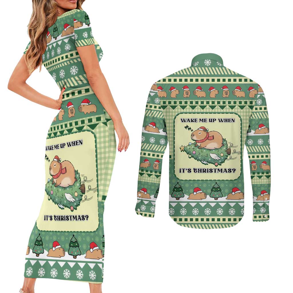 Capybara Christmas Couples Matching Short Sleeve Bodycon Dress and Long Sleeve Button Shirt Wake Me Up When It's Christmas - Wonder Print Shop