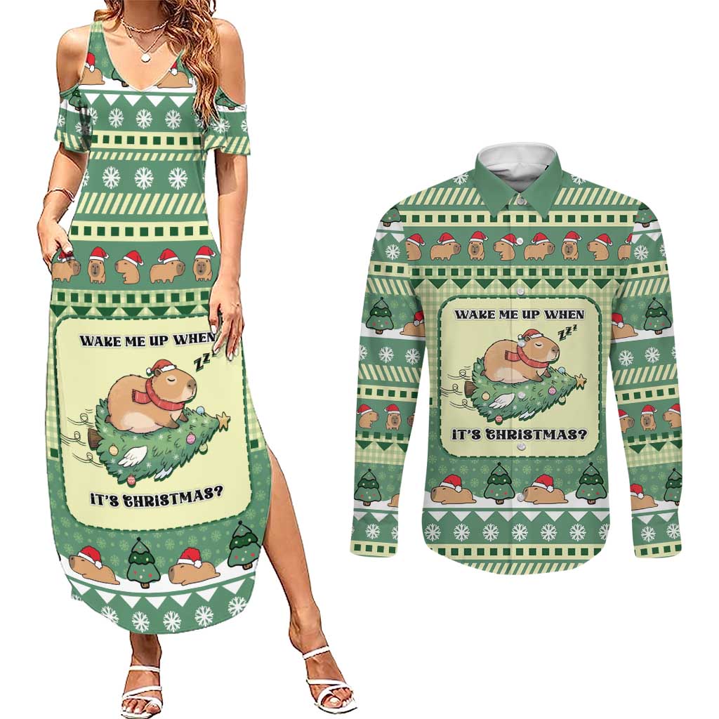Capybara Christmas Couples Matching Summer Maxi Dress and Long Sleeve Button Shirt Wake Me Up When It's Christmas - Wonder Print Shop