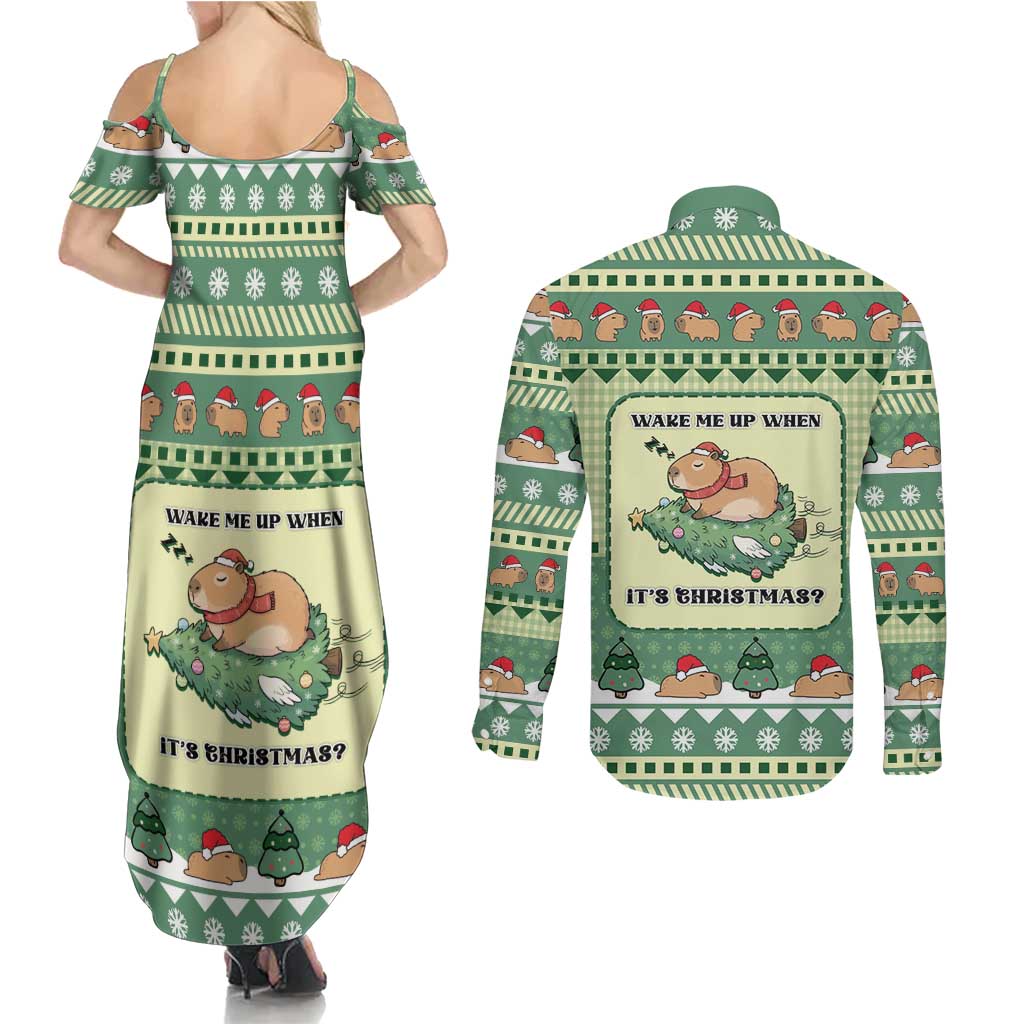 Capybara Christmas Couples Matching Summer Maxi Dress and Long Sleeve Button Shirt Wake Me Up When It's Christmas - Wonder Print Shop