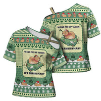 Capybara Christmas Cross Shoulder Shirt Wake Me Up When It's Christmas - Wonder Print Shop