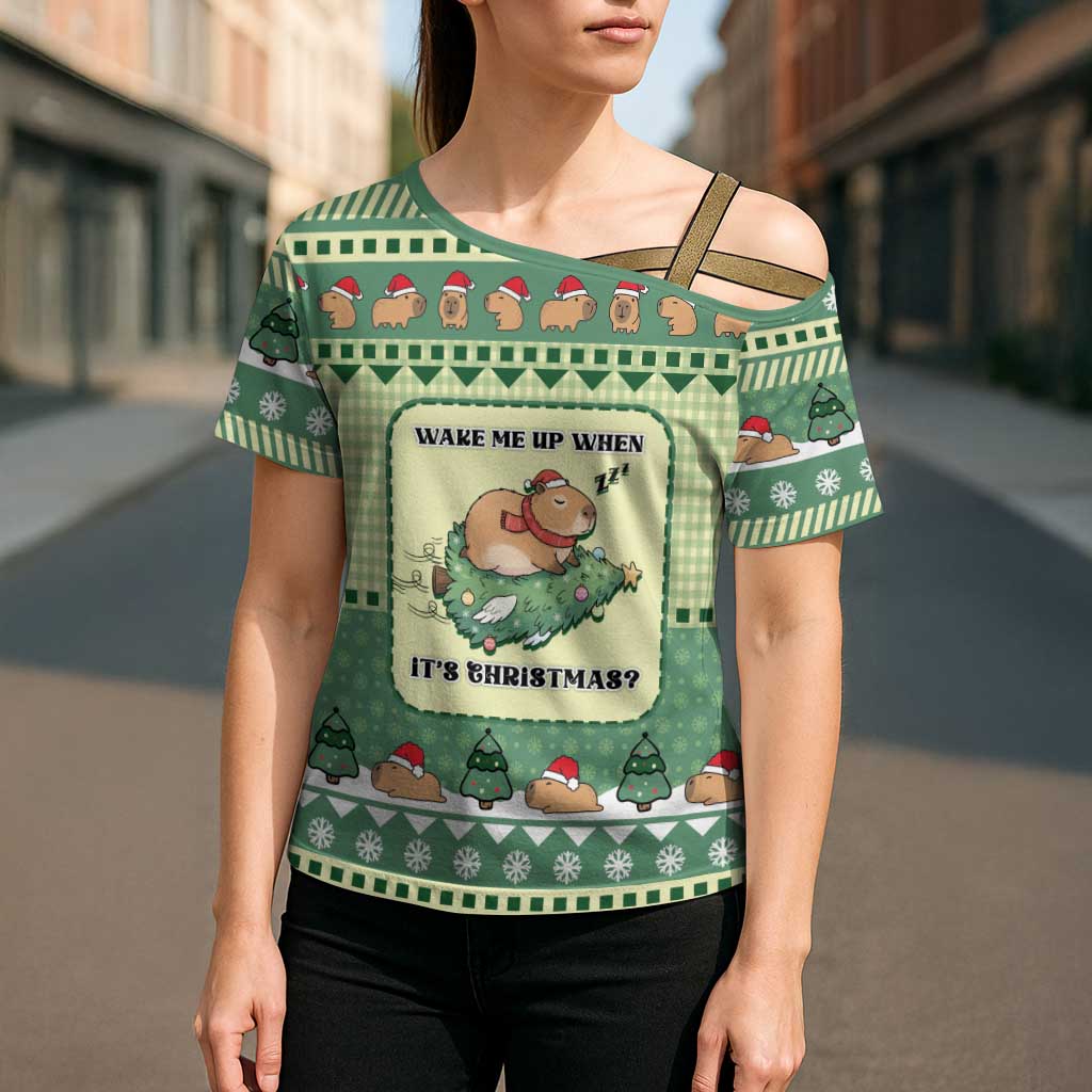 Capybara Christmas Cross Shoulder Shirt Wake Me Up When It's Christmas - Wonder Print Shop