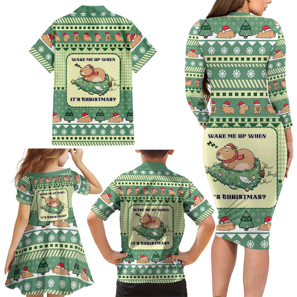 Capybara Christmas Family Matching Long Sleeve Bodycon Dress and Hawaiian Shirt Wake Me Up When It's Christmas - Wonder Print Shop