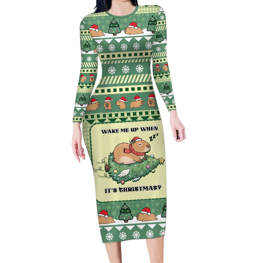 Capybara Christmas Family Matching Long Sleeve Bodycon Dress and Hawaiian Shirt Wake Me Up When It's Christmas - Wonder Print Shop
