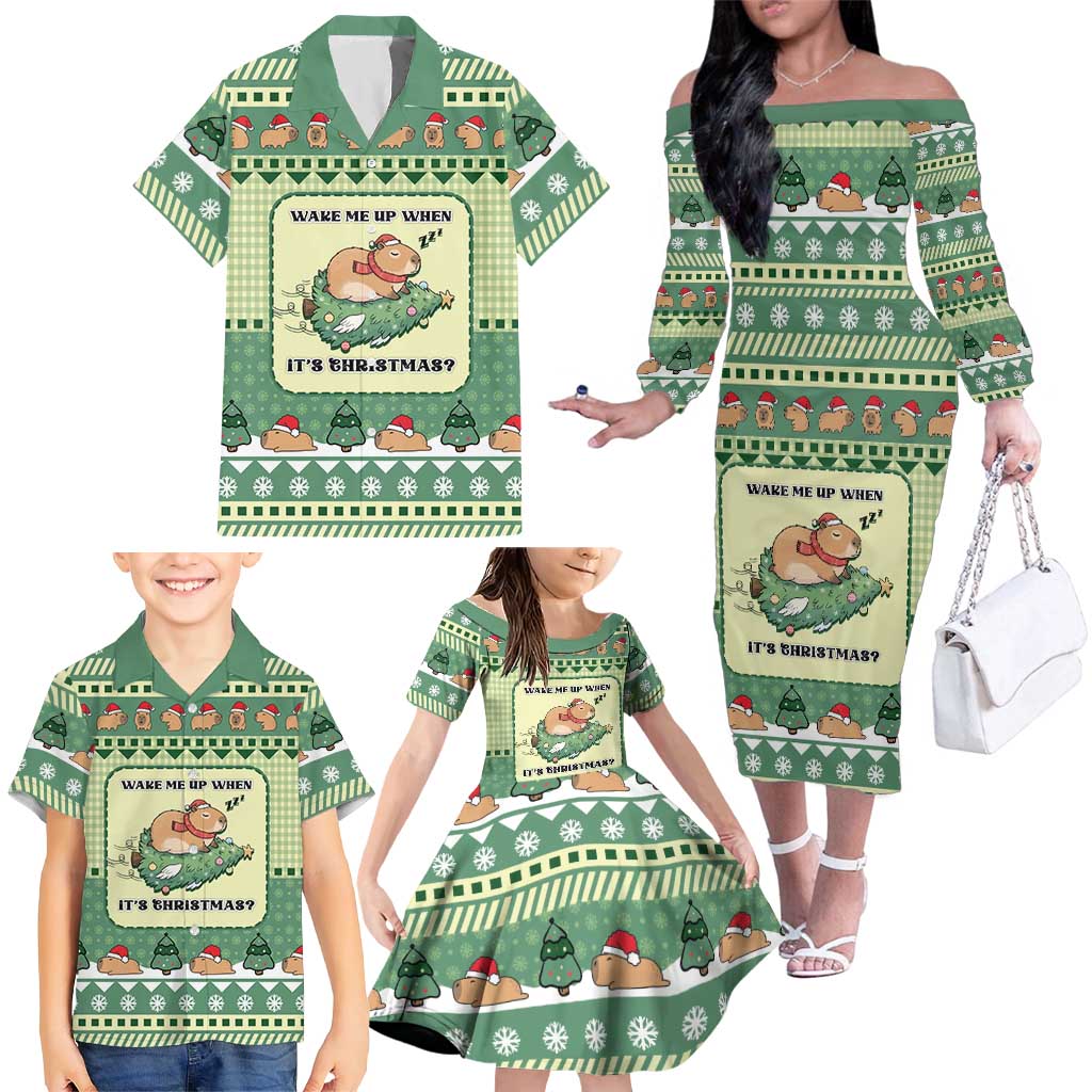 Capybara Christmas Family Matching Off The Shoulder Long Sleeve Dress and Hawaiian Shirt Wake Me Up When It's Christmas - Wonder Print Shop