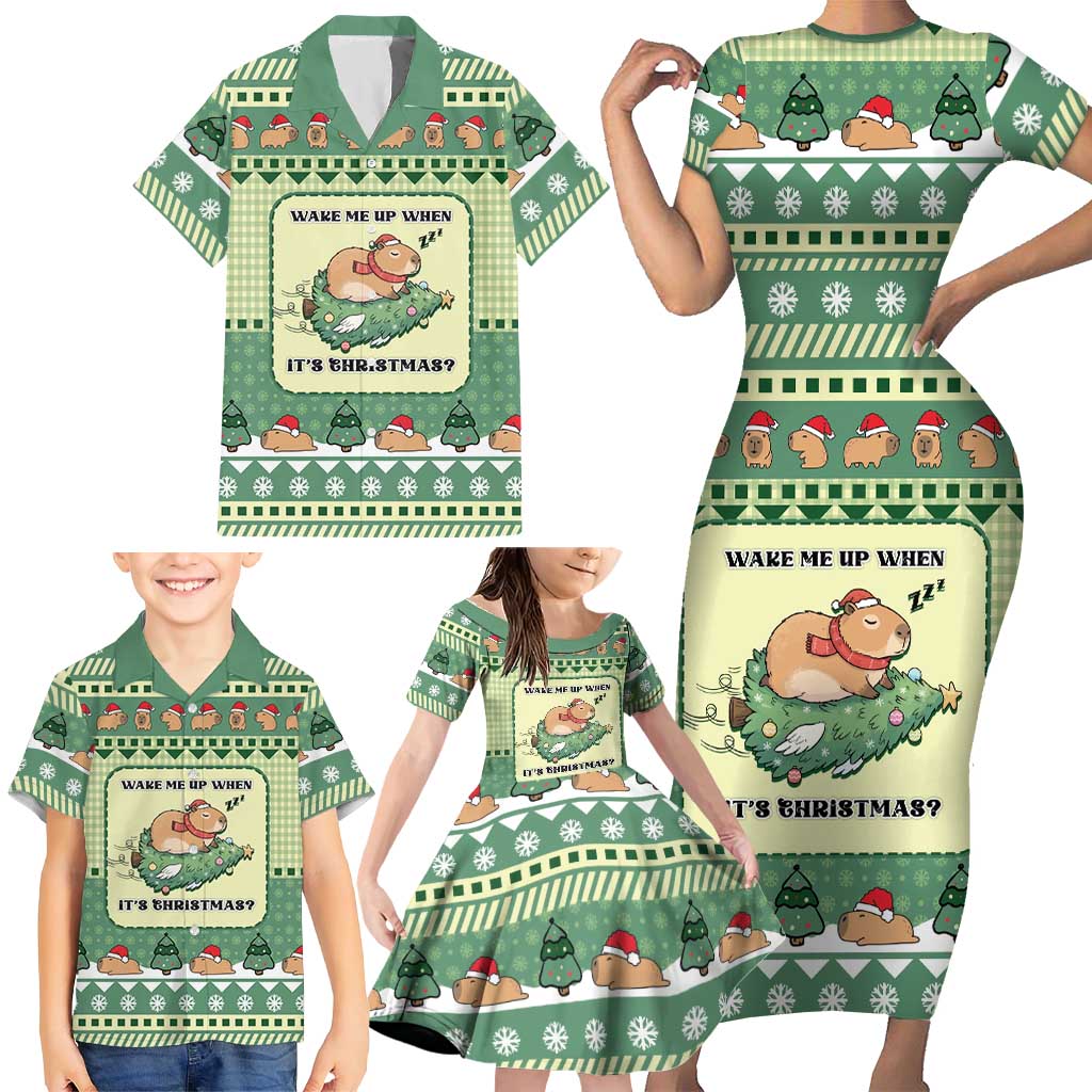 Capybara Christmas Family Matching Short Sleeve Bodycon Dress and Hawaiian Shirt Wake Me Up When It's Christmas - Wonder Print Shop