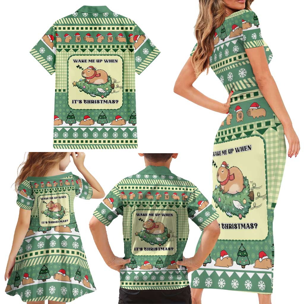 Capybara Christmas Family Matching Short Sleeve Bodycon Dress and Hawaiian Shirt Wake Me Up When It's Christmas - Wonder Print Shop