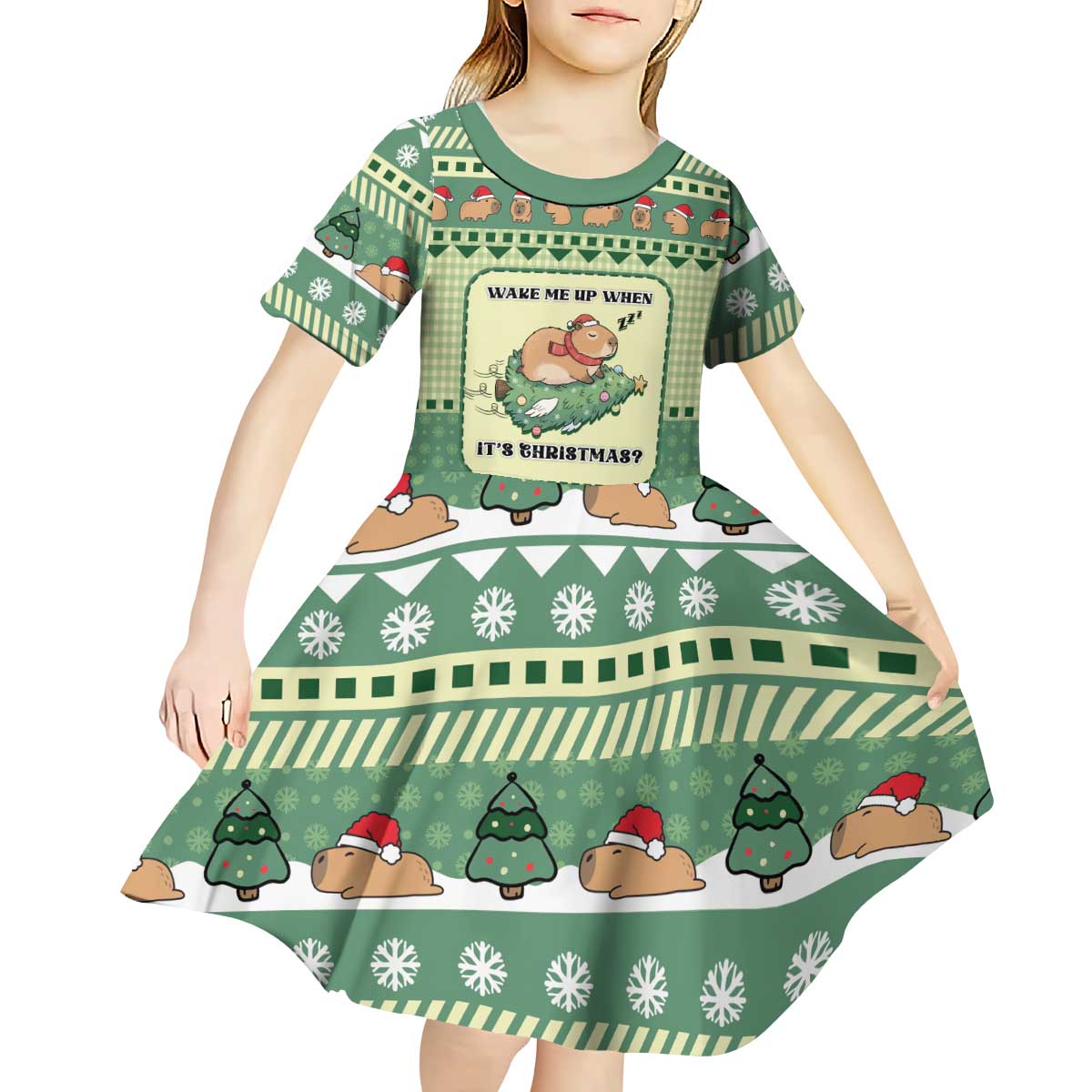 Capybara Christmas Kid Short Sleeve Dress Wake Me Up When It's Christmas - Wonder Print Shop