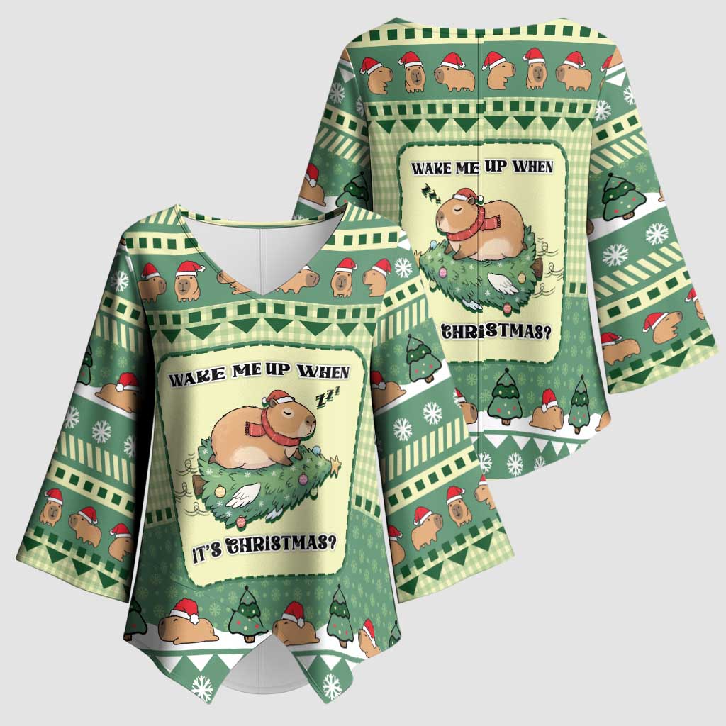 Capybara Christmas Kimono Sleeve Blouse Wake Me Up When It's Christmas - Wonder Print Shop