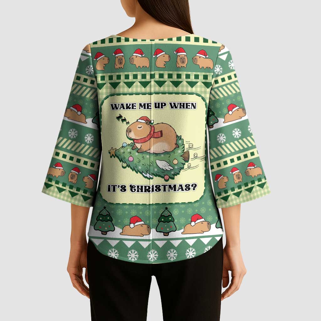 Capybara Christmas Kimono Sleeve Blouse Wake Me Up When It's Christmas - Wonder Print Shop