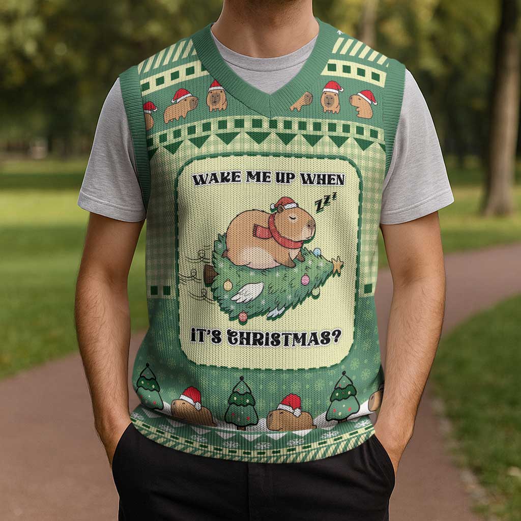 Capybara Christmas Knitted V-Neck Vest Wake Me Up When It's Christmas - Wonder Print Shop
