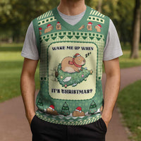 Capybara Christmas Knitted V-Neck Vest Wake Me Up When It's Christmas - Wonder Print Shop