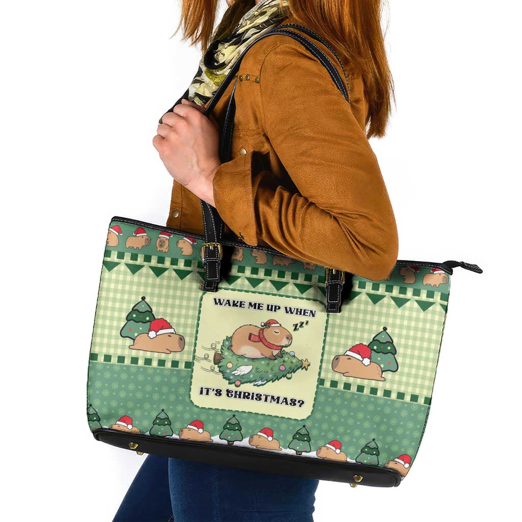 Capybara Christmas Leather Tote Bag Wake Me Up When It's Christmas - Wonder Print Shop