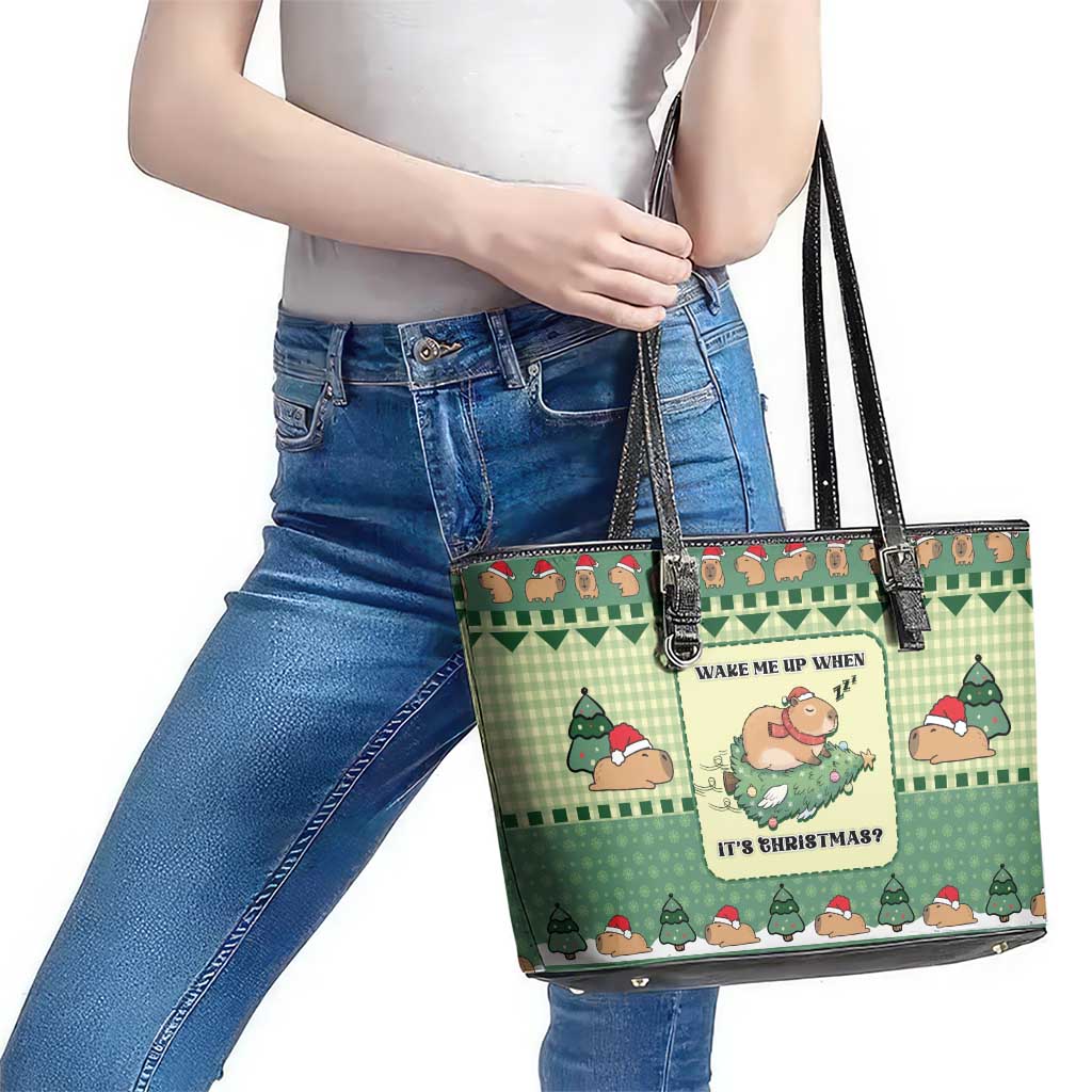 Capybara Christmas Leather Tote Bag Wake Me Up When It's Christmas - Wonder Print Shop