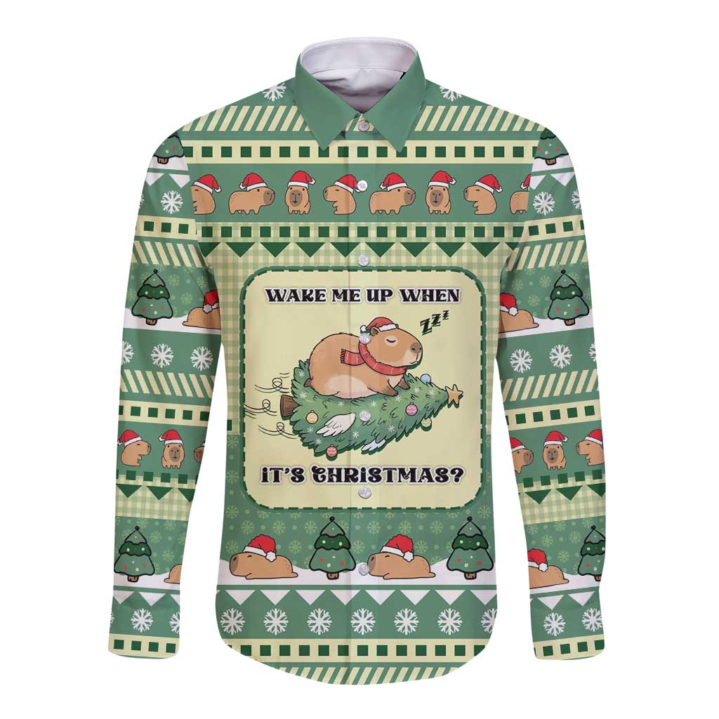 Capybara Christmas Long Sleeve Button Shirt Wake Me Up When It's Christmas - Wonder Print Shop