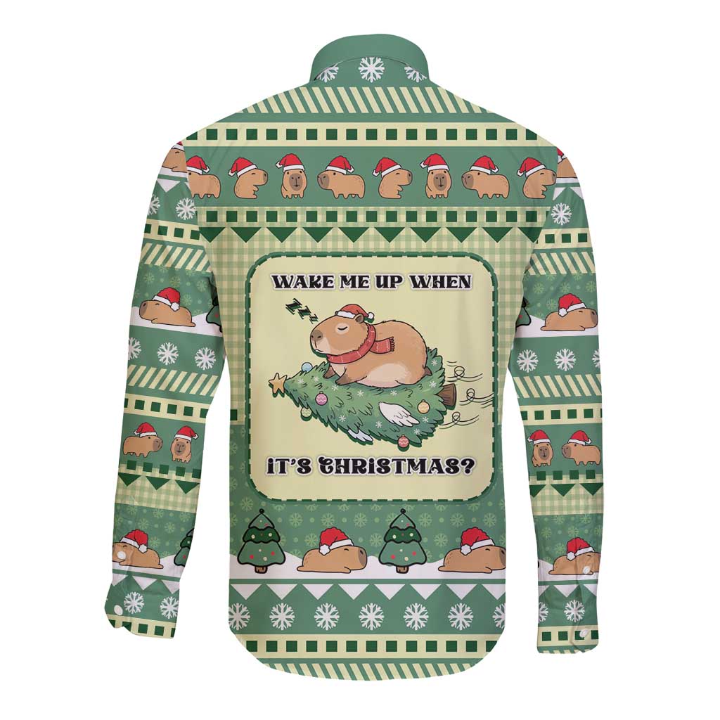 Capybara Christmas Long Sleeve Button Shirt Wake Me Up When It's Christmas - Wonder Print Shop