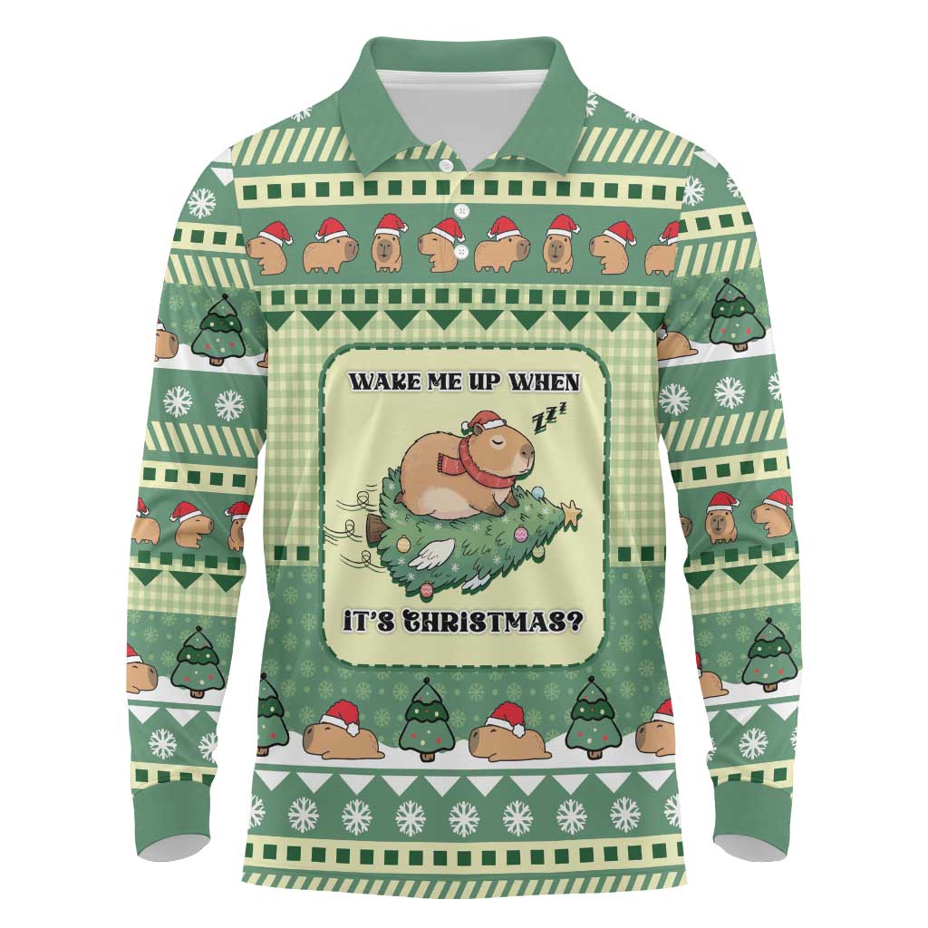 Capybara Christmas Long Sleeve Polo Shirt Wake Me Up When It's Christmas - Wonder Print Shop