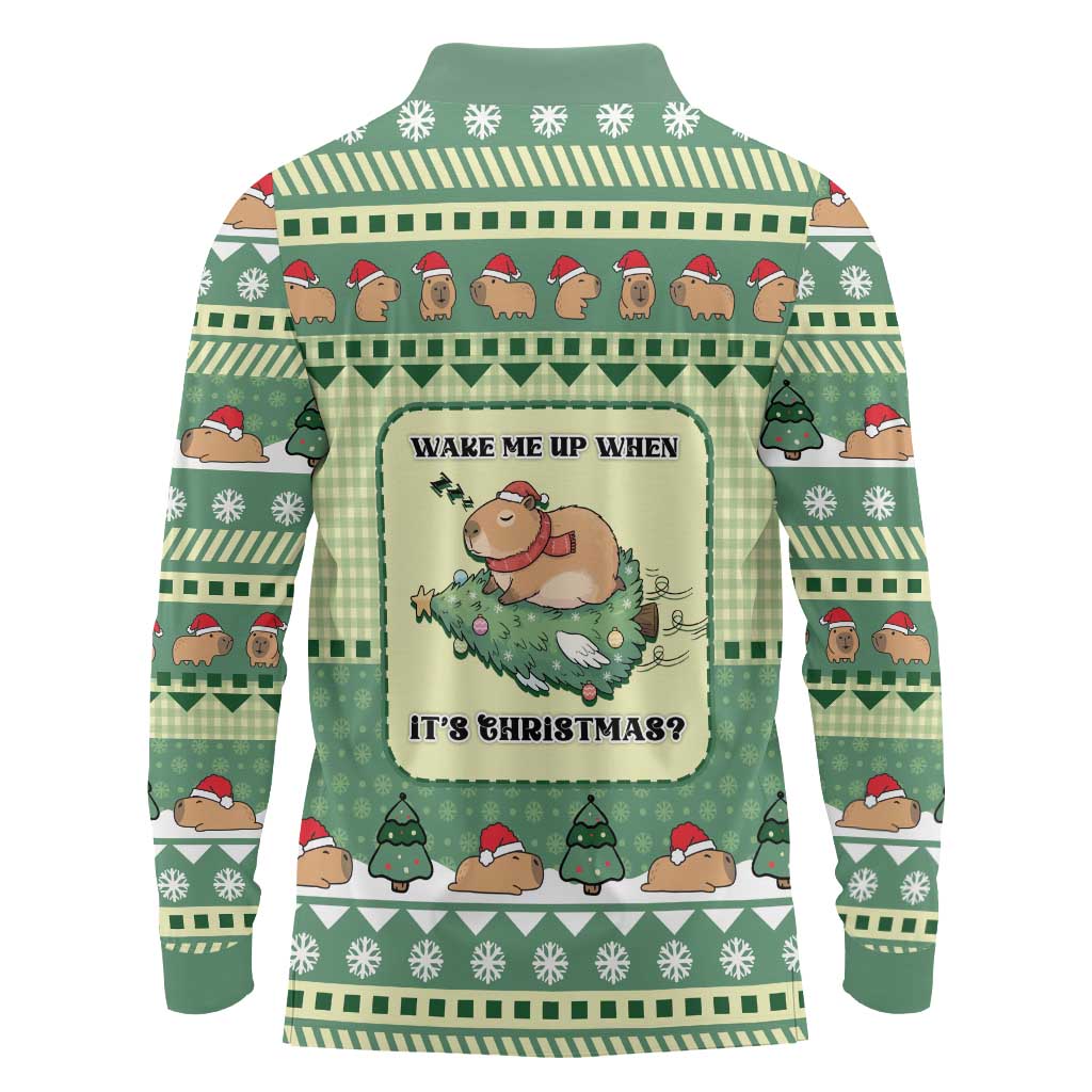 Capybara Christmas Long Sleeve Polo Shirt Wake Me Up When It's Christmas - Wonder Print Shop