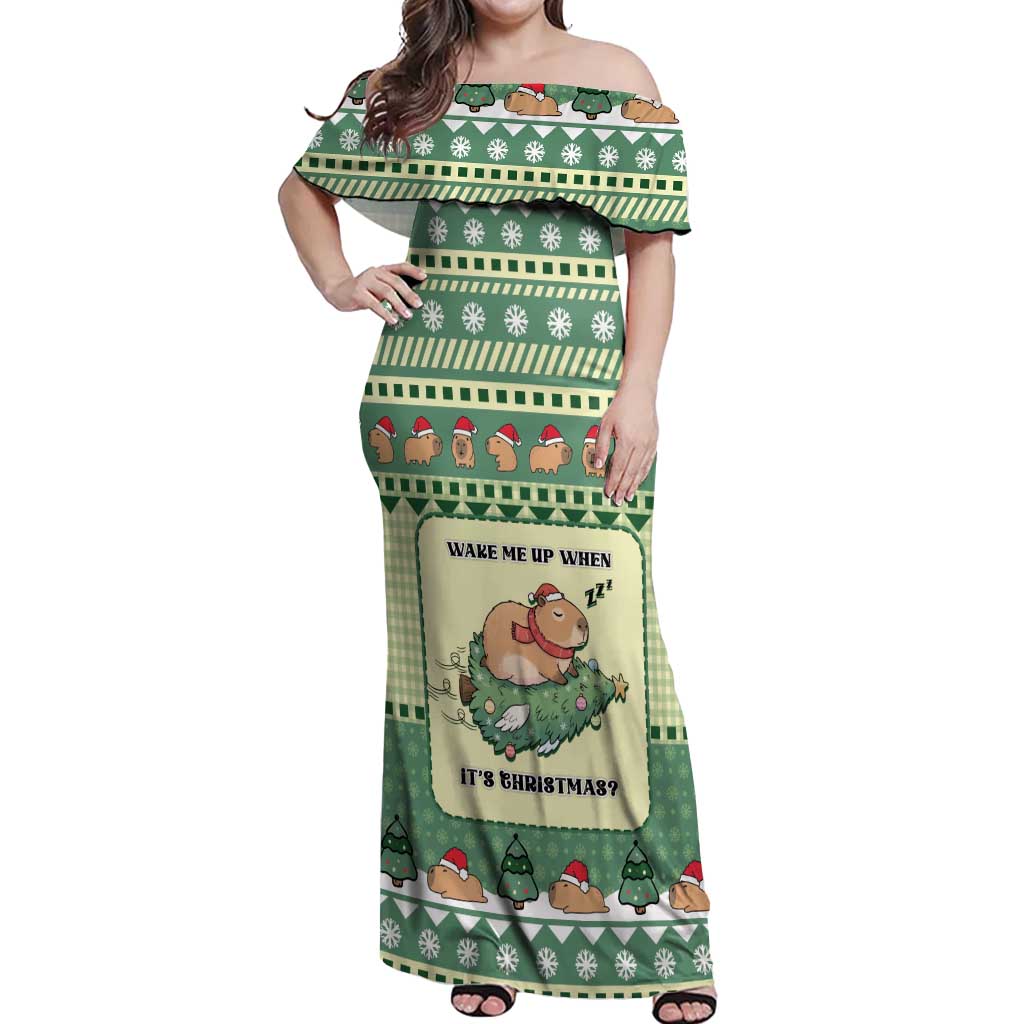 Capybara Christmas Off Shoulder Maxi Dress Wake Me Up When It's Christmas - Wonder Print Shop