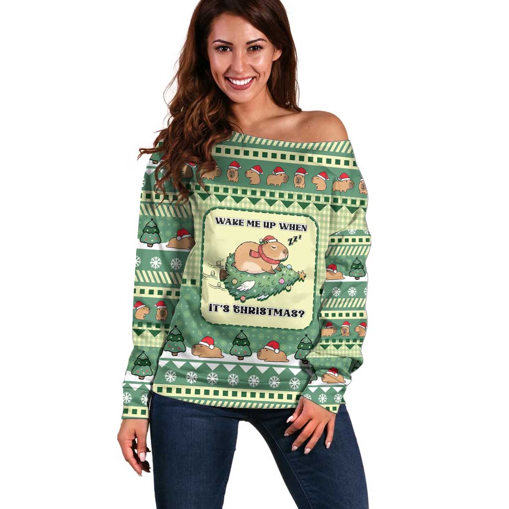 Capybara Christmas Off Shoulder Sweater Wake Me Up When It's Christmas - Wonder Print Shop