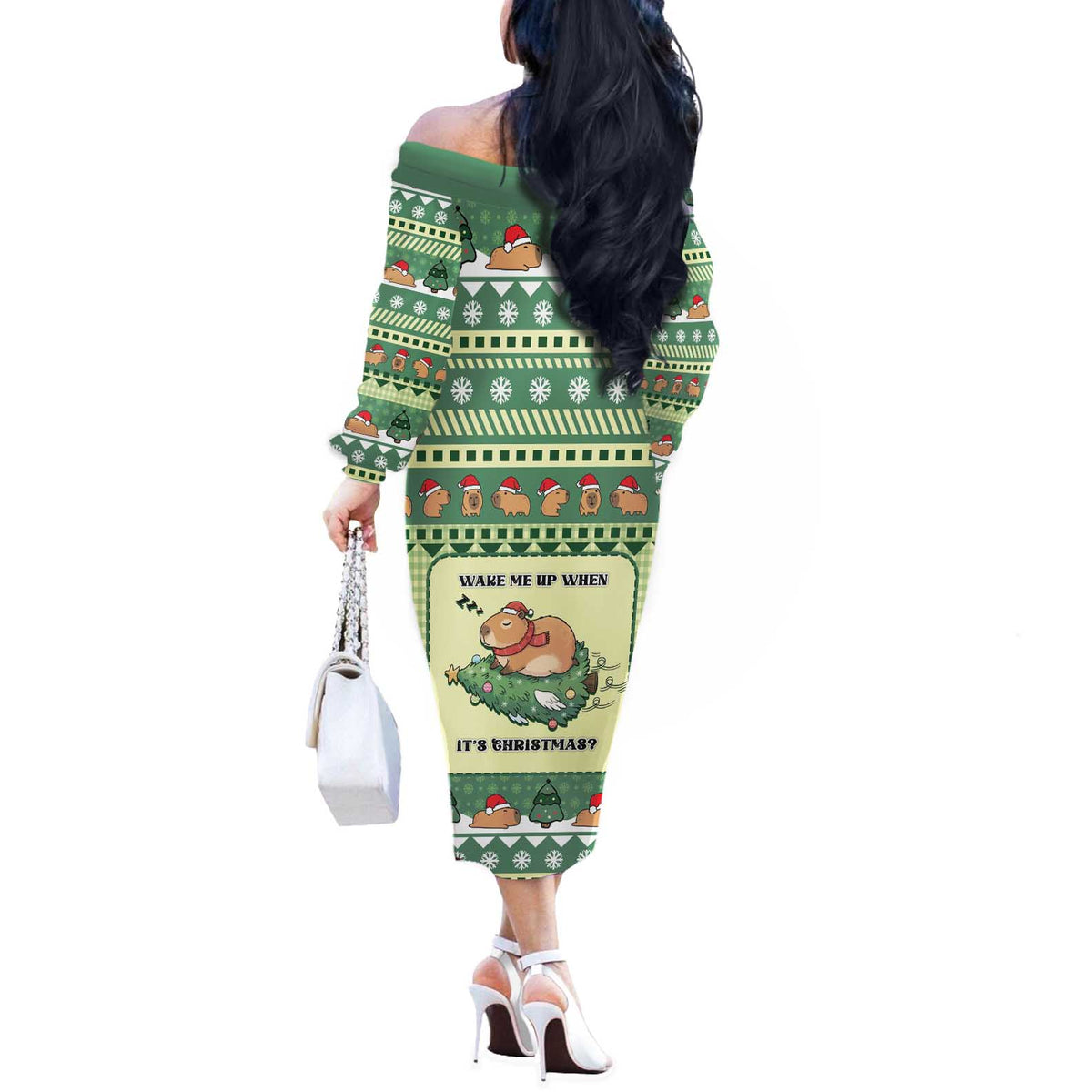 Capybara Christmas Off The Shoulder Long Sleeve Dress Wake Me Up When It's Christmas - Wonder Print Shop