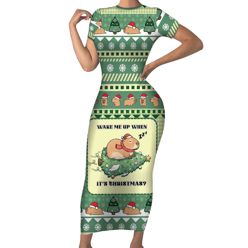Capybara Christmas Short Sleeve Bodycon Dress Wake Me Up When It's Christmas - Wonder Print Shop