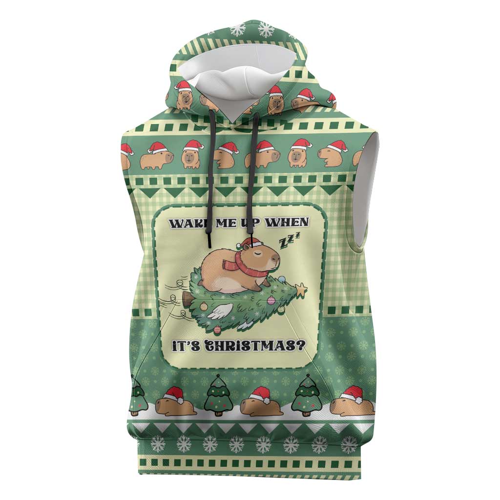 Capybara Christmas Sleeveless Hoodie Wake Me Up When It's Christmas - Wonder Print Shop